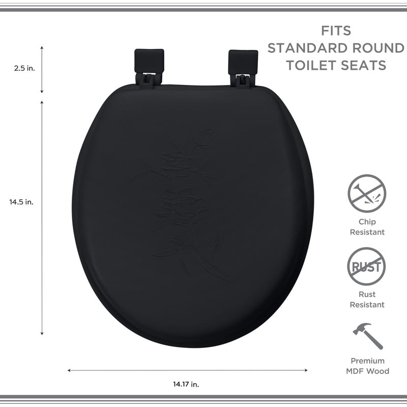 Bath Bliss Extra Soft Standard Round Toilet Seat | Decorative Vinyl Lid | Adjustable Quick Screw Attach Non-Slip Hinges | Bathroom | Black - Image 4